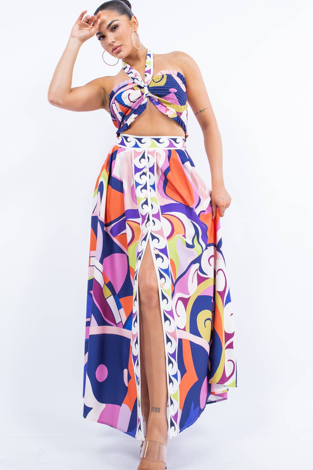 Paris Smocked Halter & Midi Button Down Skirt Set