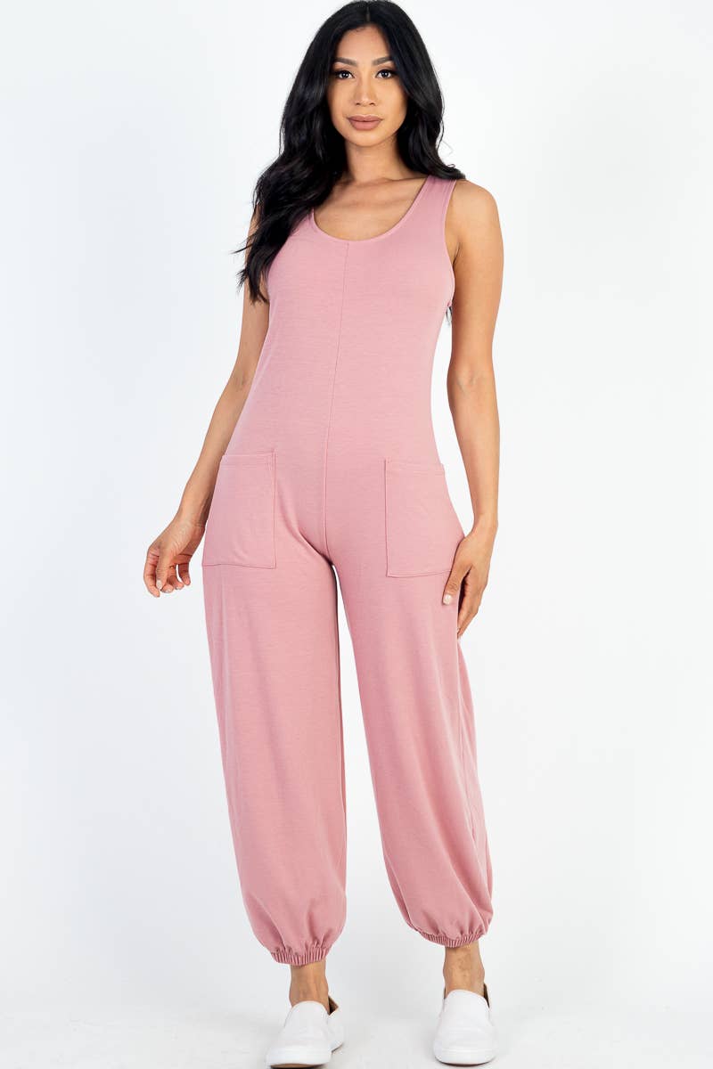 French Terry Sleeveless Scoop Neck Front Pocket Jumpsuit