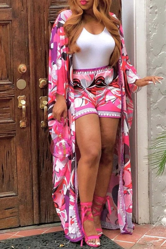 Graphic Kimono and Shorts Set