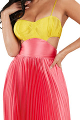 Lime and Pink Satin Pleated Gorgeous Maxi Dress