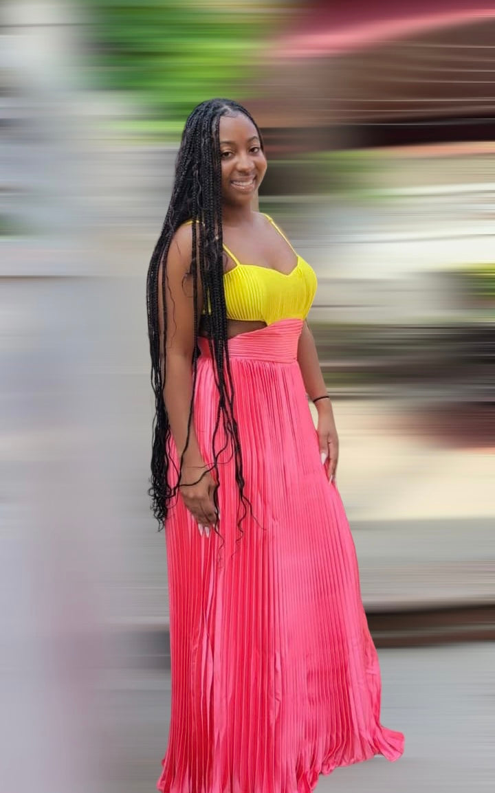 Lime and Pink Satin Pleated Gorgeous Maxi Dress