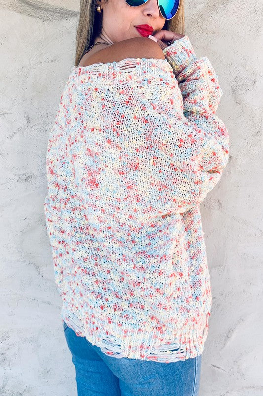 Distressed V Neck Soft Knit Sweater