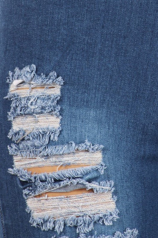 High Waist Stretch Ripped Flare Denim with Side Fray - Light Blue