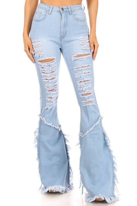 High Waist Stretch Ripped Flare Denim with Side Fray - Light Blue