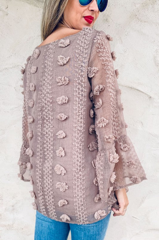 3D Flower Pattern Mesh Fabric Bell Sleeve Top