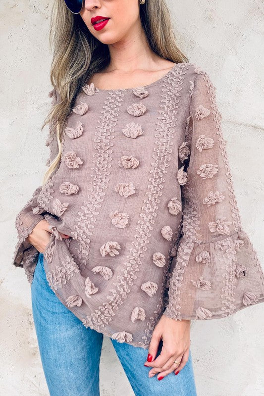 3D Flower Pattern Mesh Fabric Bell Sleeve Top
