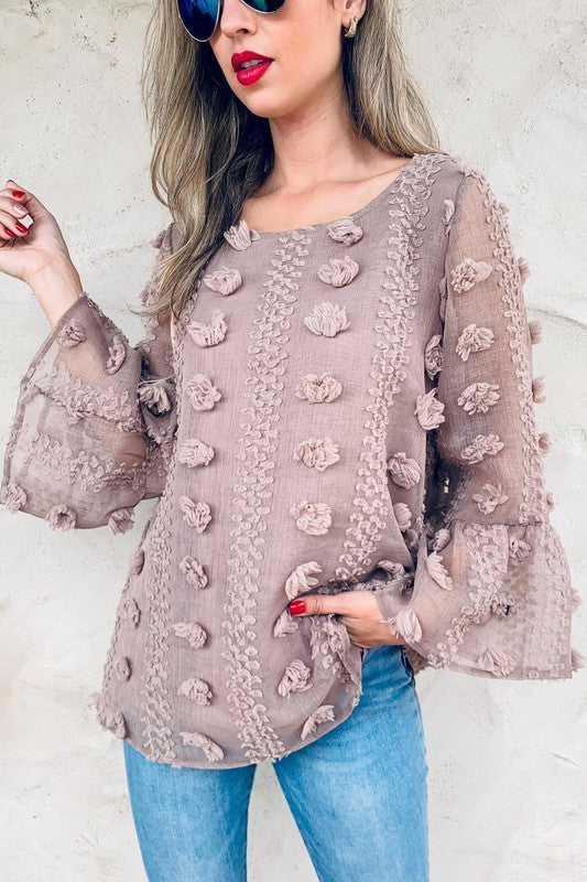 3D Flower Pattern Mesh Fabric Bell Sleeve Top