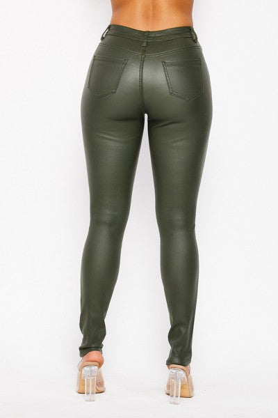Coated High Rise Pants - Olive