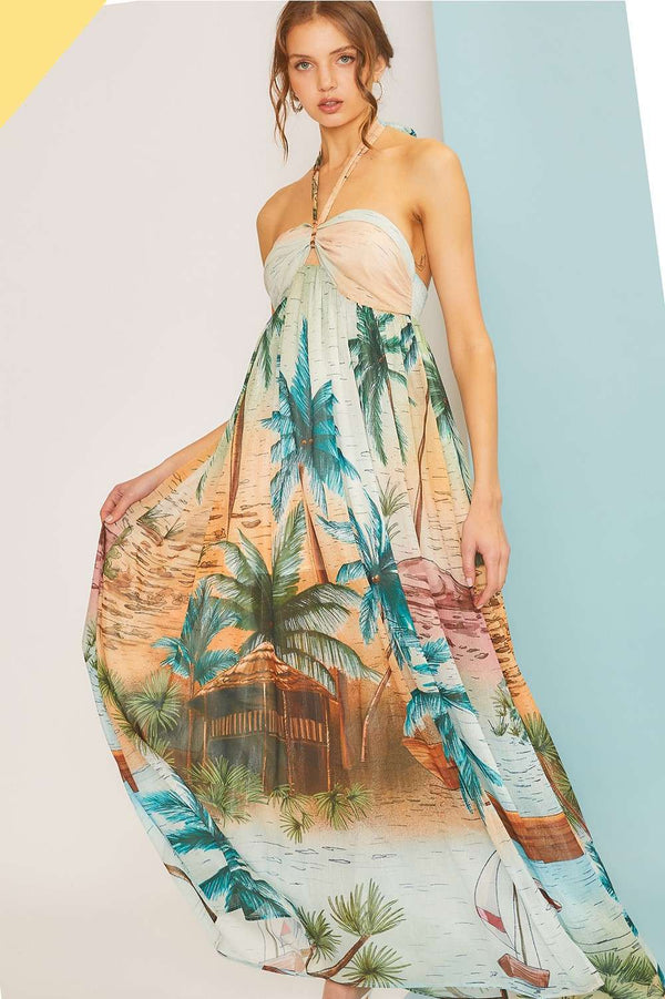 Front Slit Tropical Print Long Dress