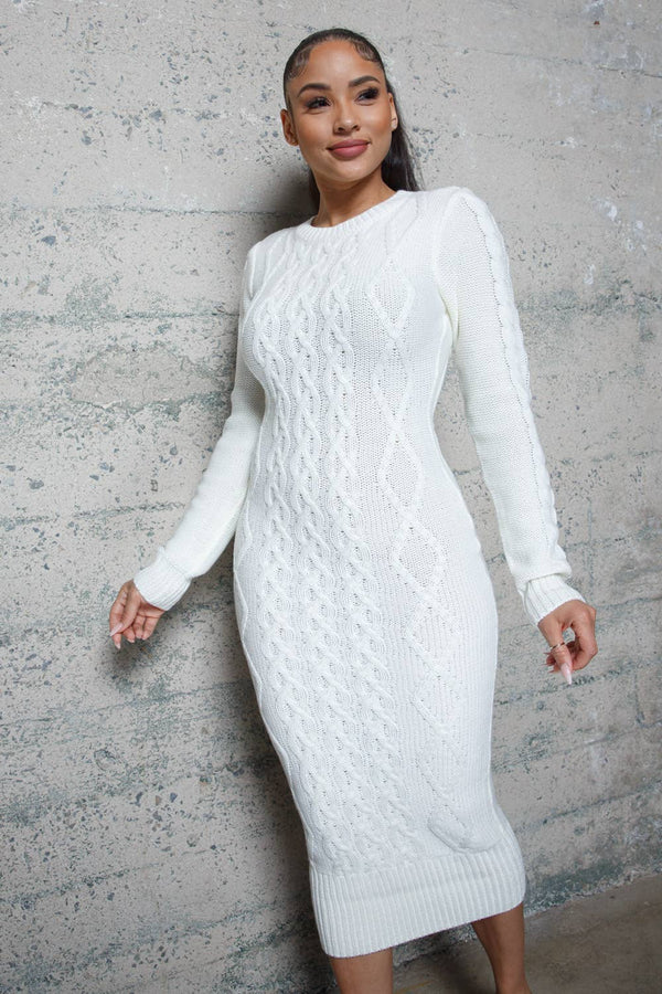 LONG SLEEVE CABLE PATTERN SWEATER LONG DRESS