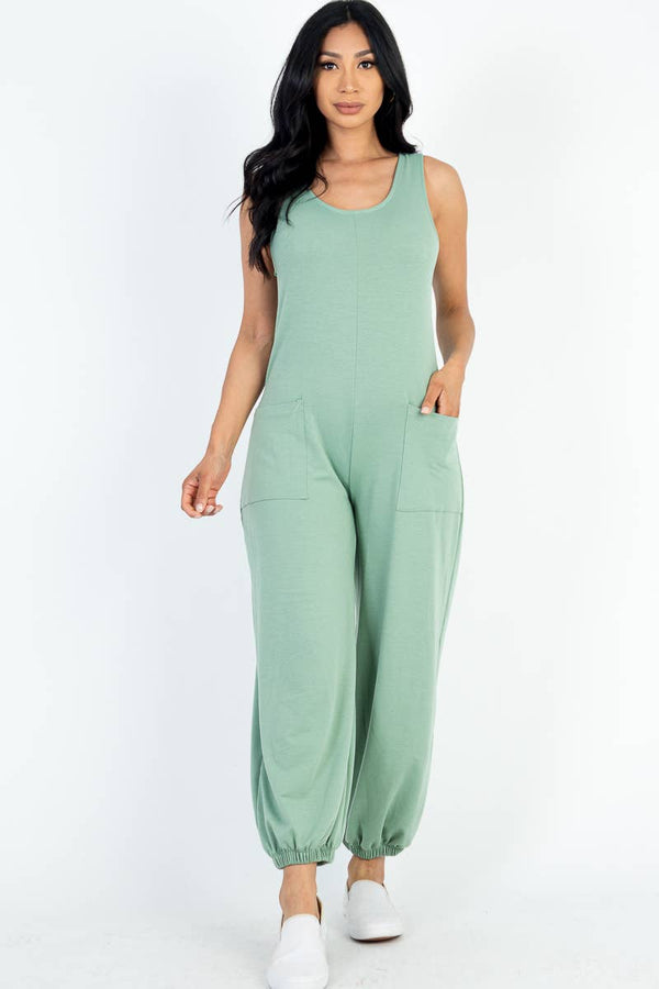 French Terry Sleeveless Scoop Neck Front Pocket Jumpsuit