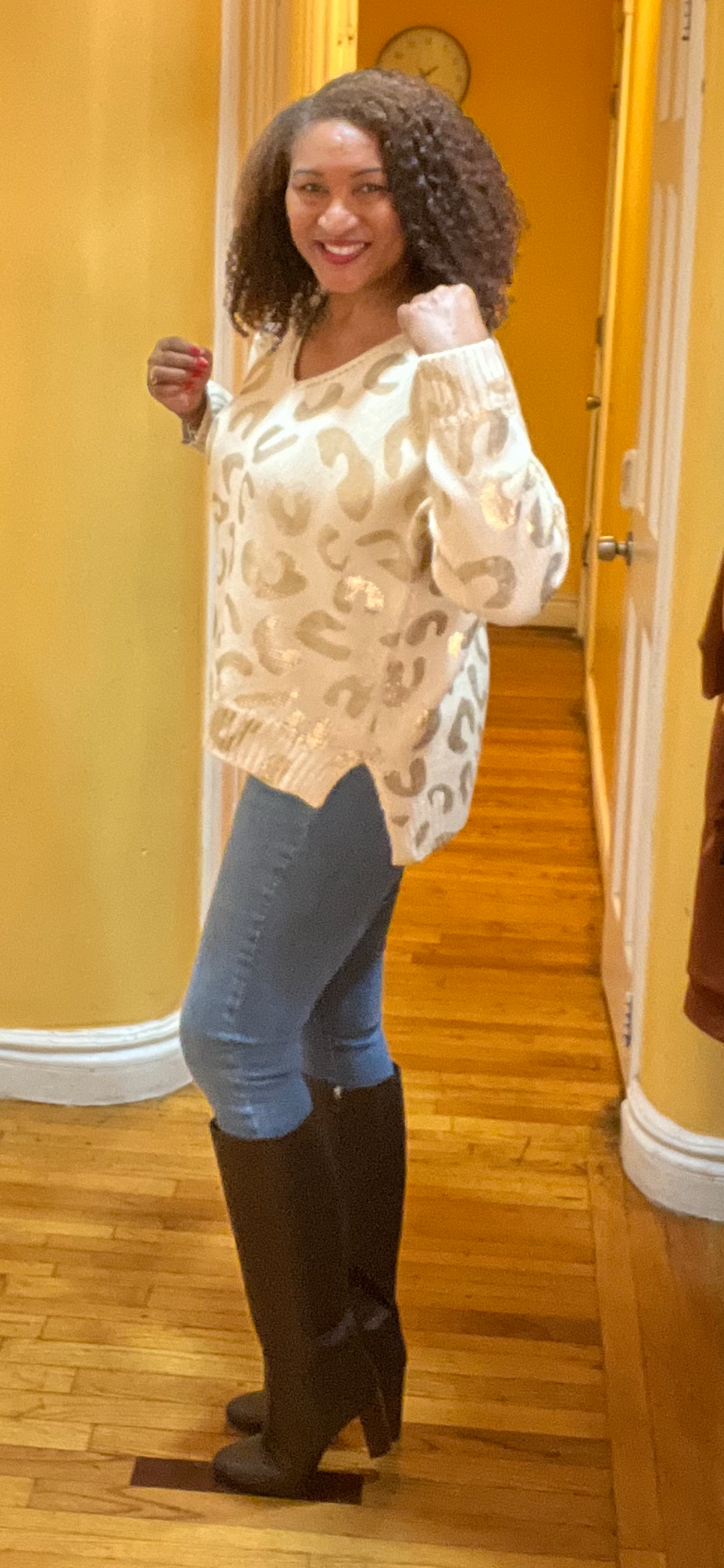 Gold Leopard Printed V Neck Tunic Knit Sweater